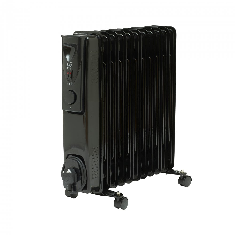 Neo 11 Fin Electric Oil Filled Radiator Portable Heater with 3 Heat Settings Thermostat Black 