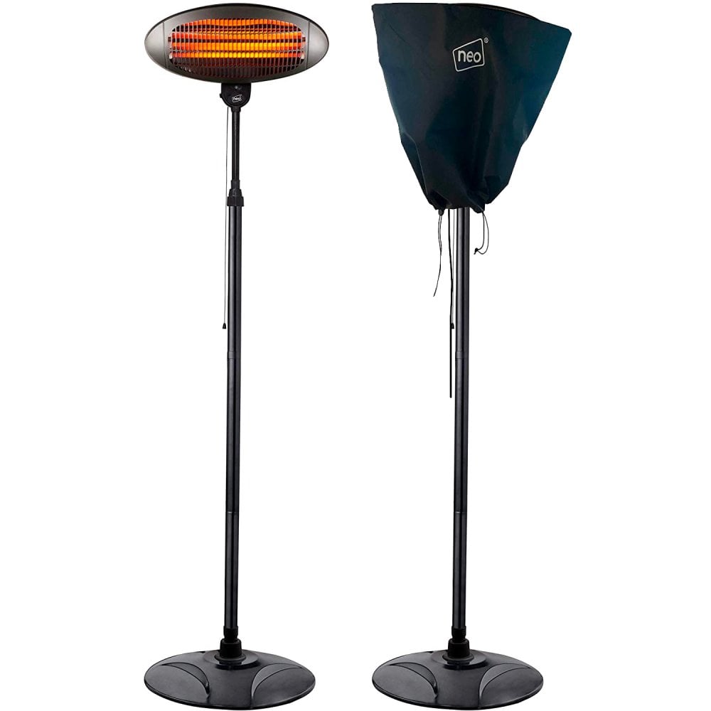 2KW Outdoor Free Standing Quartz Electric Garden Patio Heater 2000w Waterproof 3 Power Settings Height Adjustable Stand and Adjustable Heat Angle