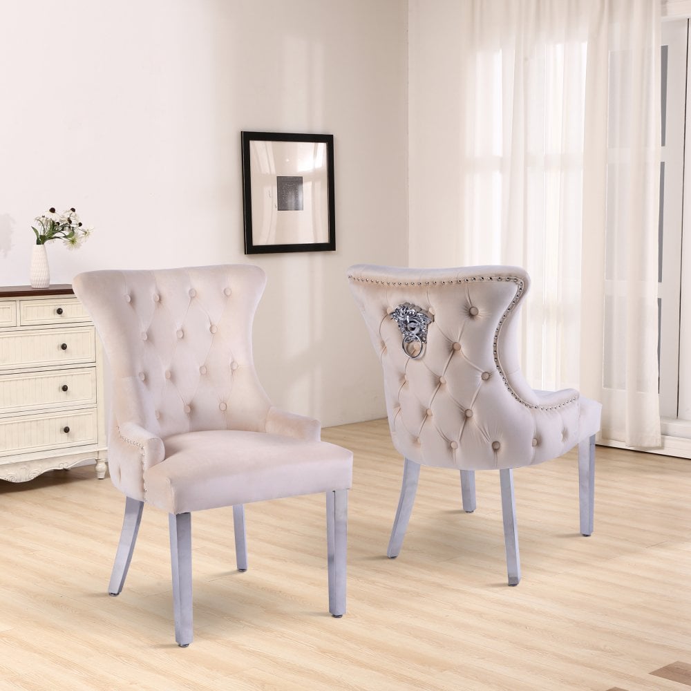 Neo Cream Studded Velvet Dining Chair, Mirrored Leg Dining Chairs